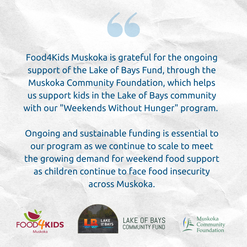Food4Kids Muskoka is grateful for the ongoing support of the Lake of Bays Community Fund.